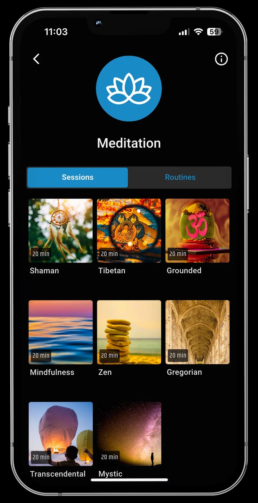 Screen der neuroVIZR App: die Kategorie Meditation mit Sessions wie Zen, Mindfulness und Gregorian