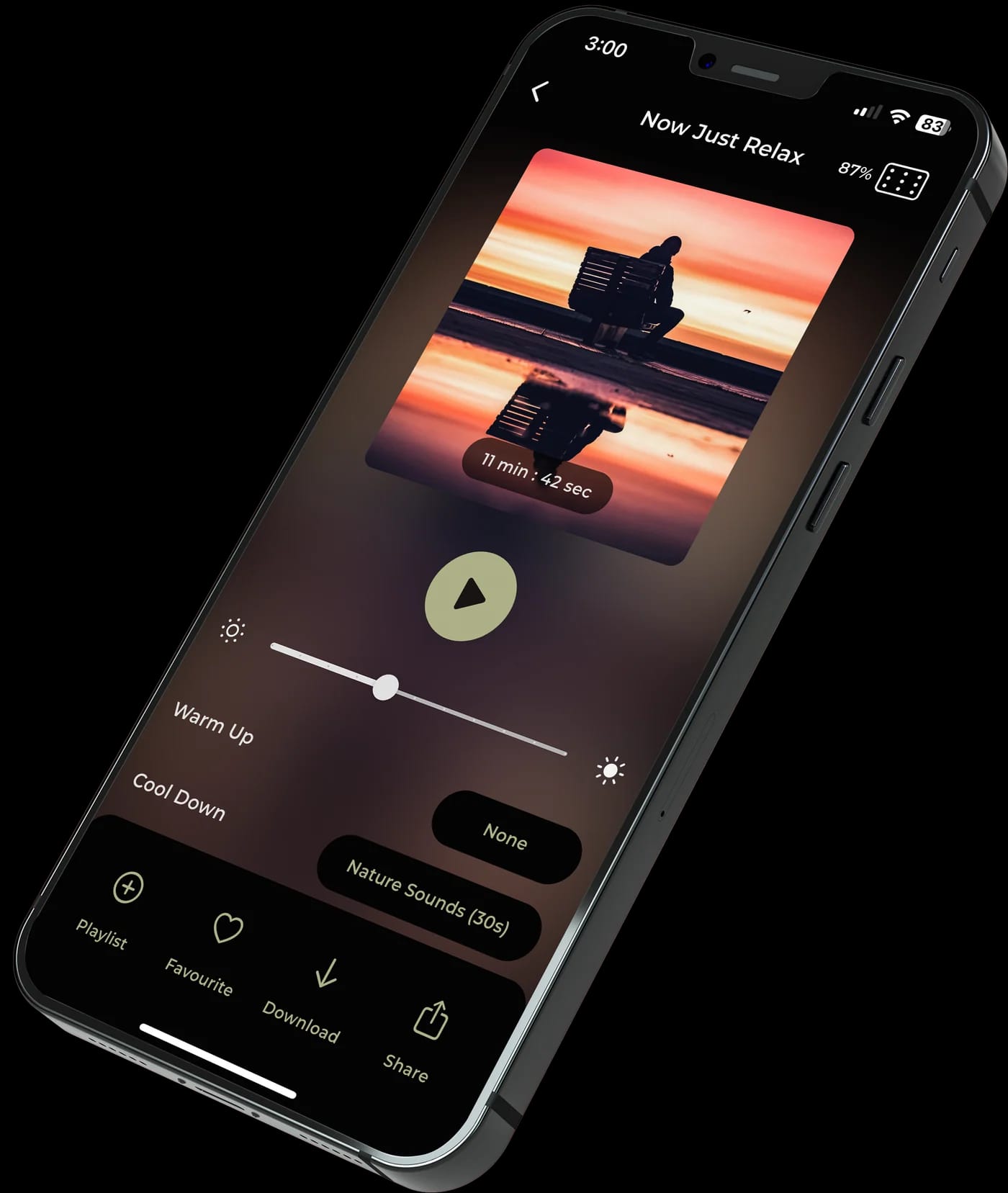 Session-Player der neuroVIZR App mit der Session Now Just Relax, Helligkeitsregler und Naturklängen