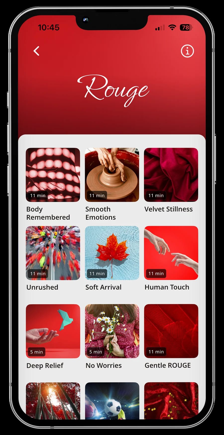 Die ROUGE-Bibliothek in der neuroVIZR App mit Sessions wie Velvet Stillness, Unrushed und Soft Arrival