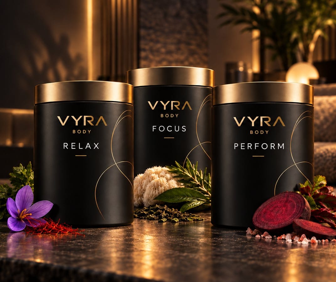 Visualisation: three black VYRA BODY tins with golden lids, RELAX, FOCUS and PERFORM, with saffron, herbs and beetroot