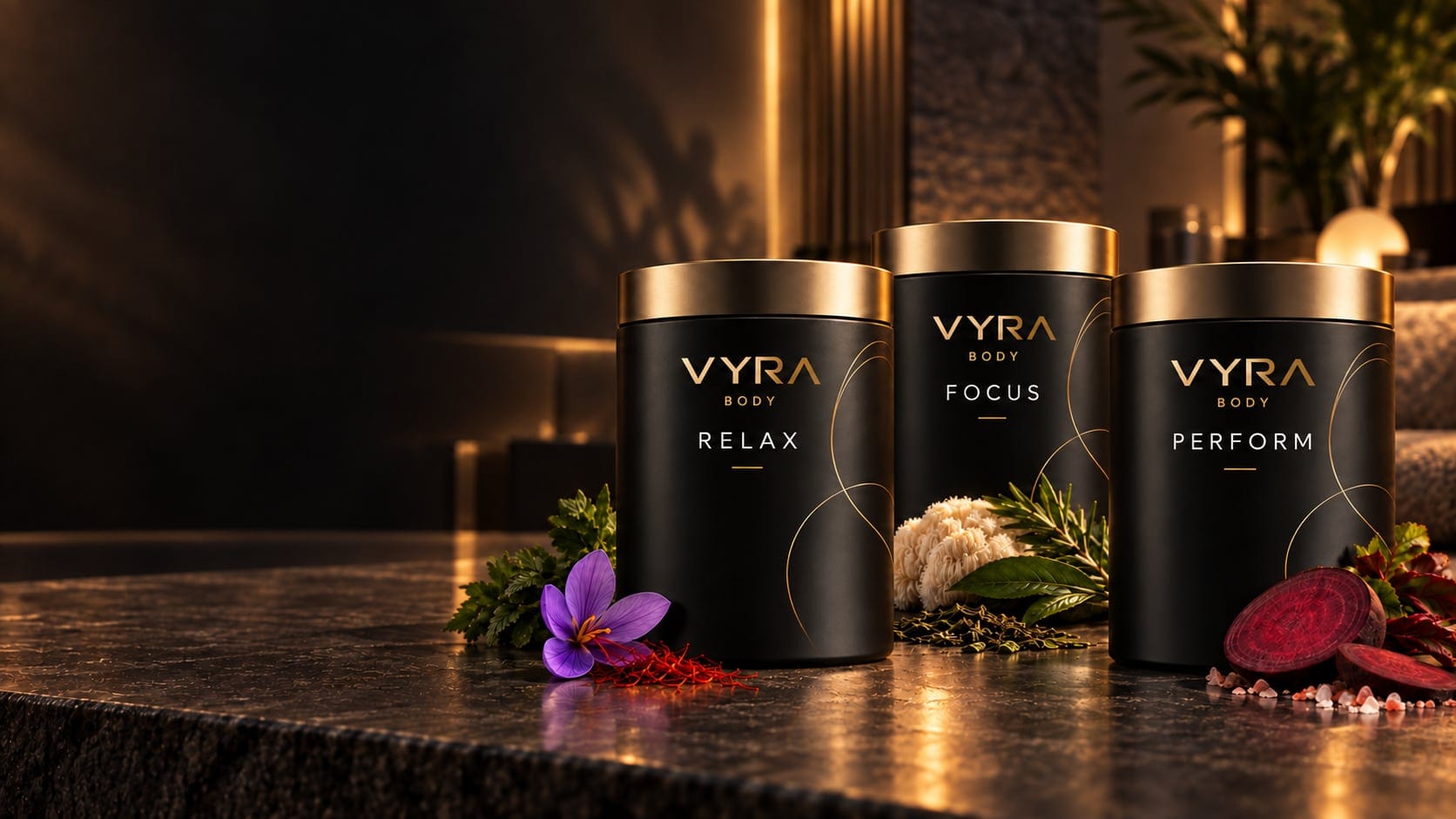 Visualisation: three black VYRA BODY tins with golden lids, RELAX, FOCUS and PERFORM, on a stone table with saffron, herbs and beetroot