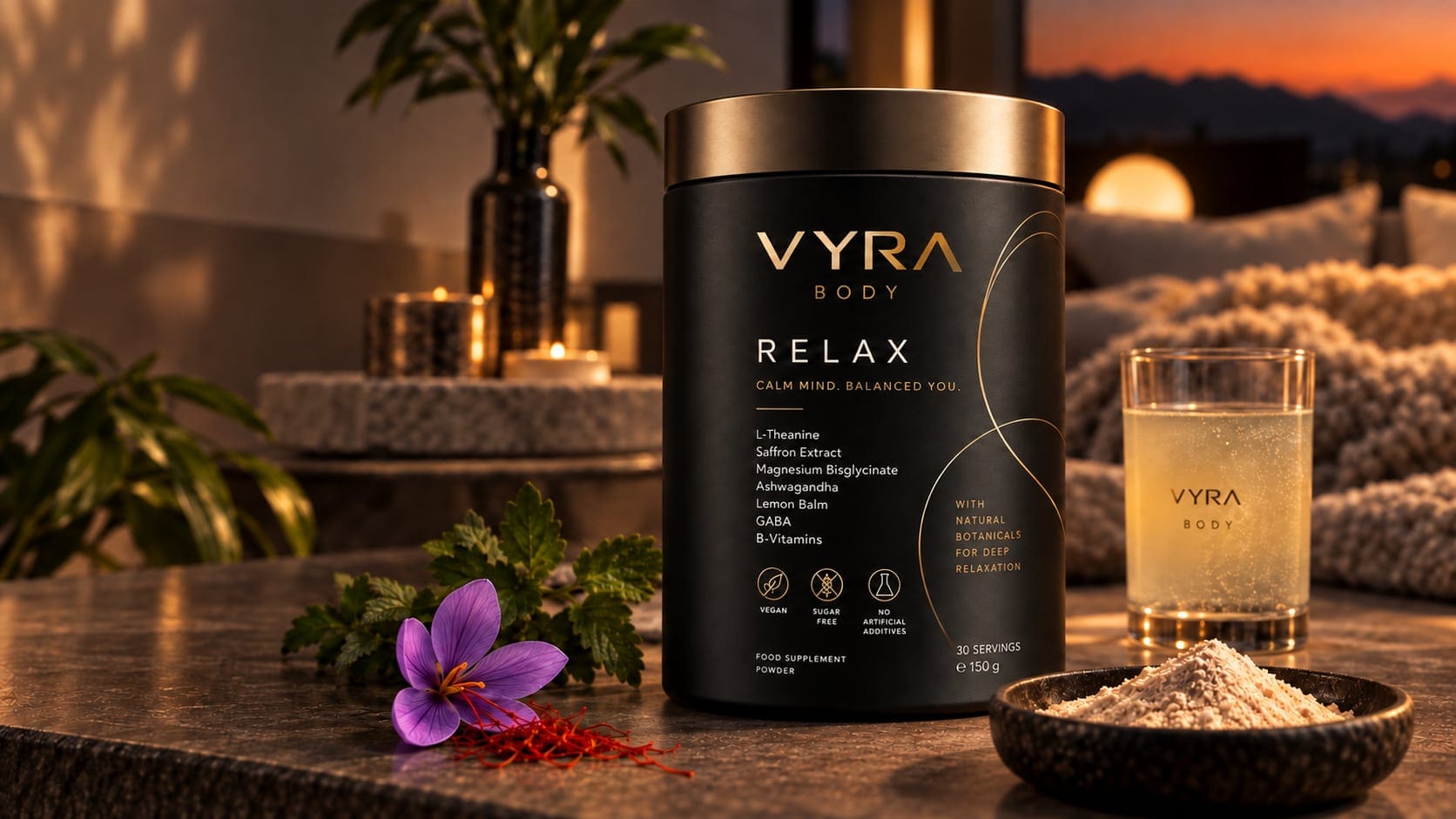 Visualisation: VYRA BODY RELAX tin next to a glass with a light drink, a saffron flower and a bowl of powder