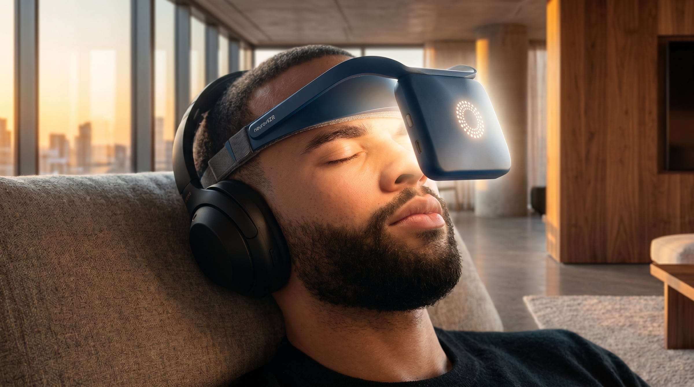 Mann mit neuroVIZR und Kopfhörern ruht auf einem Sofa