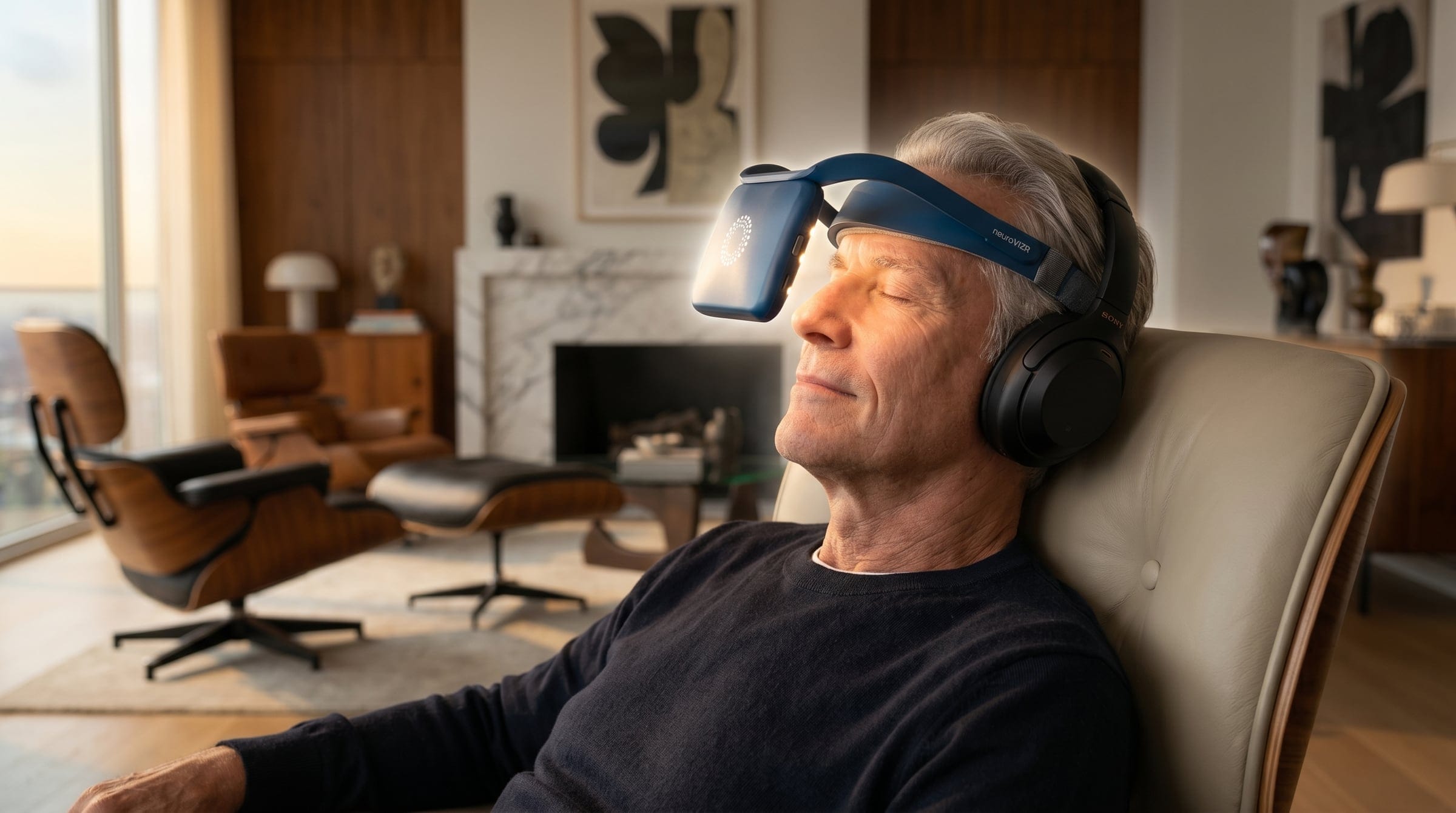 Älterer Mann mit neuroVIZR und Kopfhörern lehnt sich in einem hellen Wohnzimmer zurück