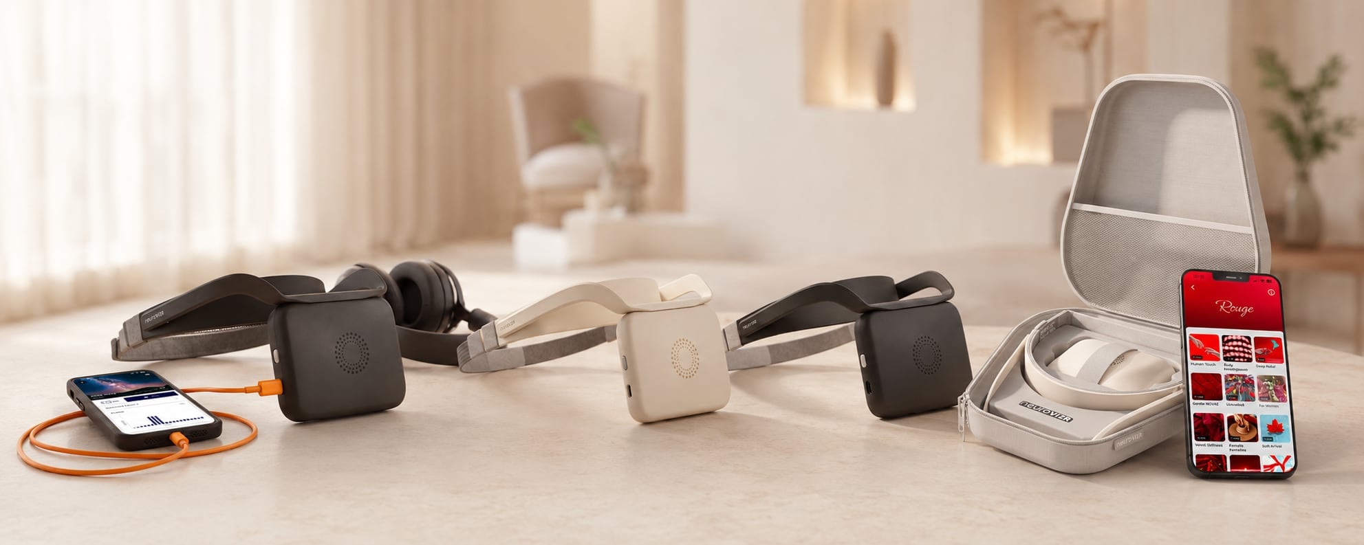 Die neuroVIZR Modelle auf einem hellen Tisch: LITE mit Kabel am Smartphone, ORIGINAL in Ivory White und Space Grey, ROUGE im geöffneten Case neben der App