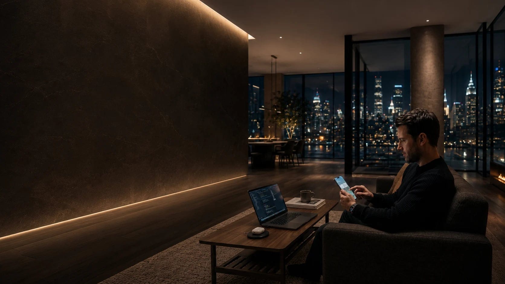 Man sitting in a dark apartment at night with laptop and smartphone in front of the lit city