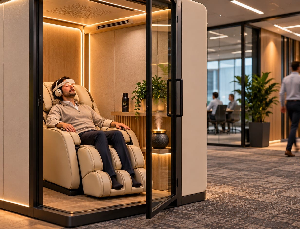 Visualisation: a man reclines in a massage chair wearing neuroVIZR and headphones inside a glass booth in an office