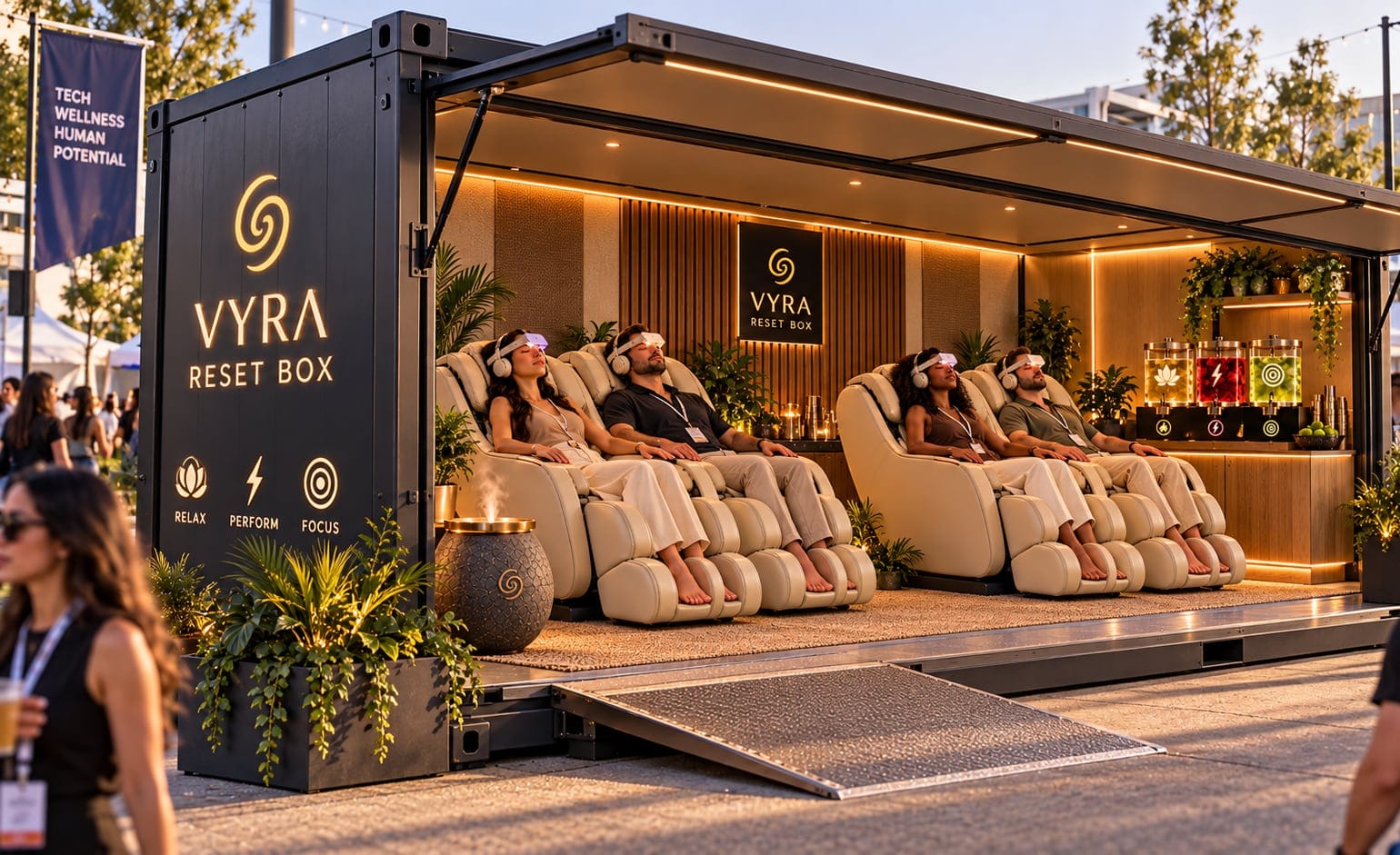 Visualisation: an open container at an event with four guests wearing neuroVIZR in massage chairs