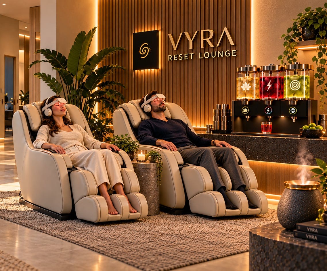 Visualisation: two guests recline in massage chairs wearing neuroVIZR in front of a warmly lit wooden wall