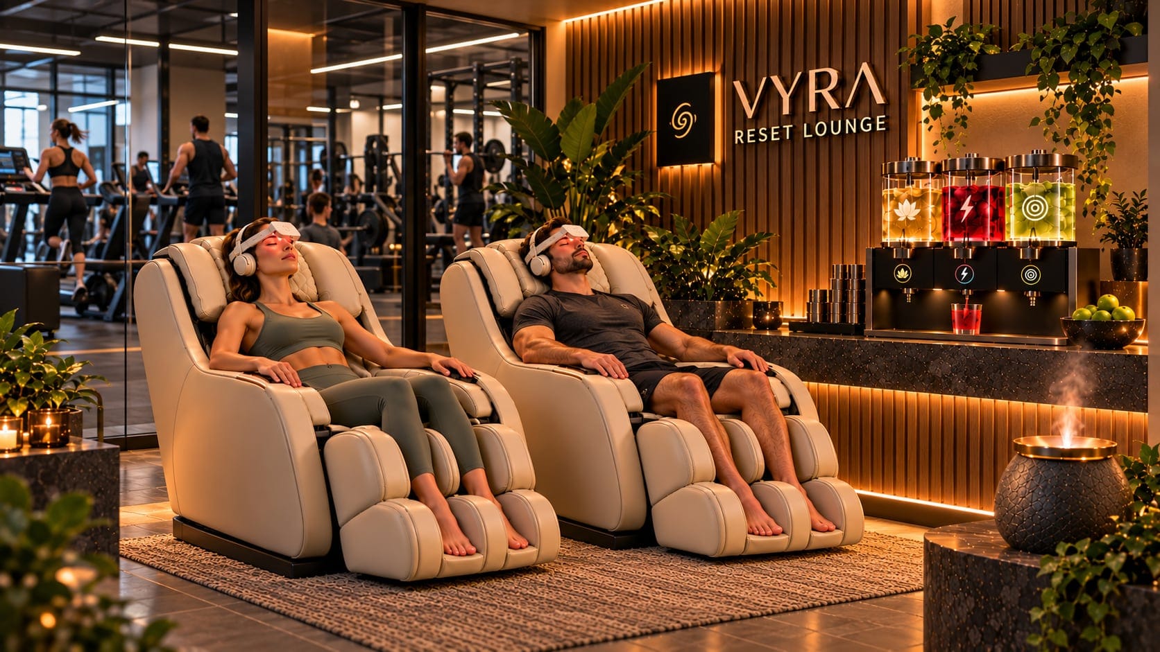 Visualisation: two guests in sportswear recline in massage chairs wearing neuroVIZR, a gym behind the glass wall