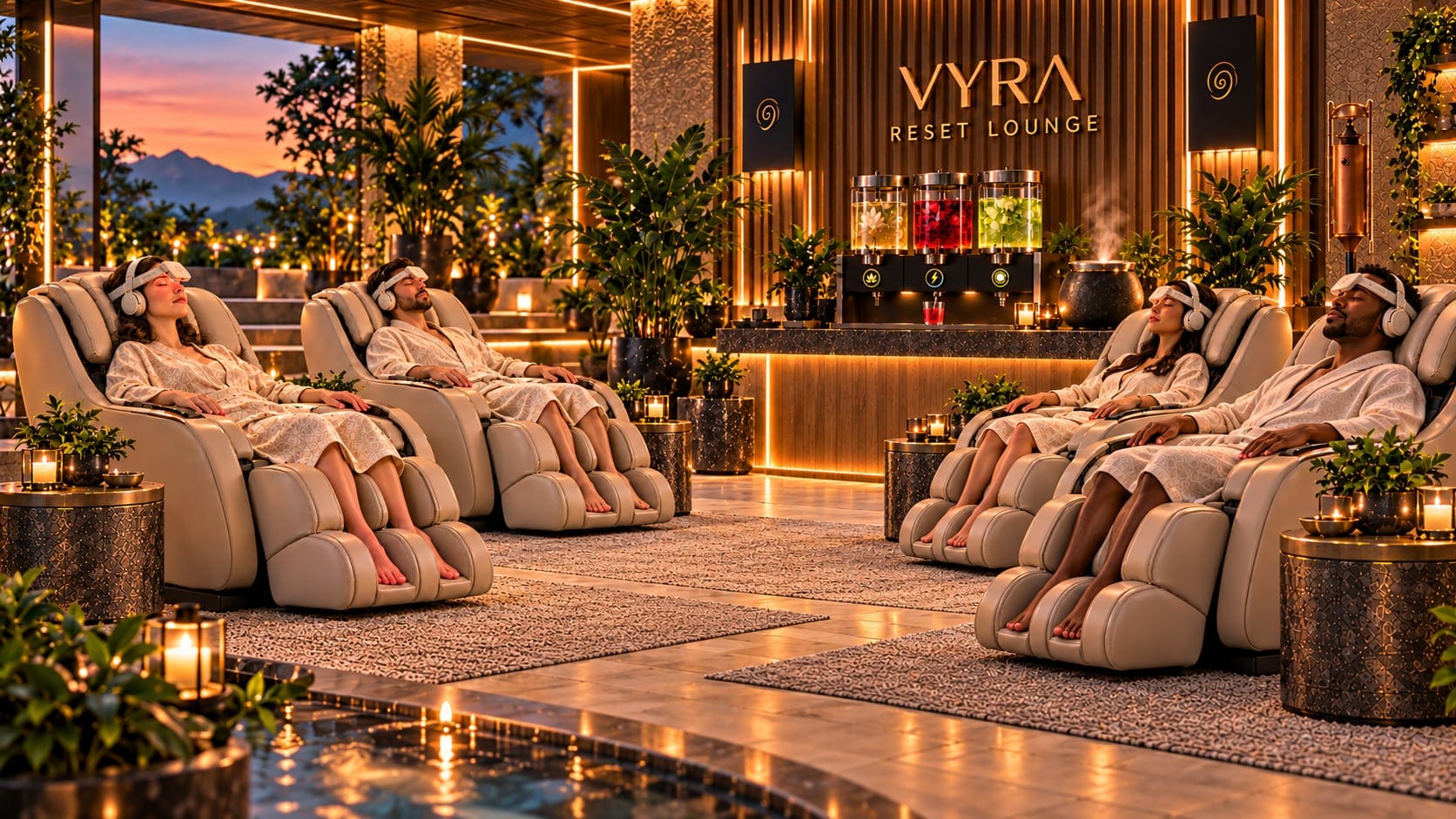 Visualisation: four guests in bathrobes recline in massage chairs wearing neuroVIZR in a lounge, mountains in the evening light behind
