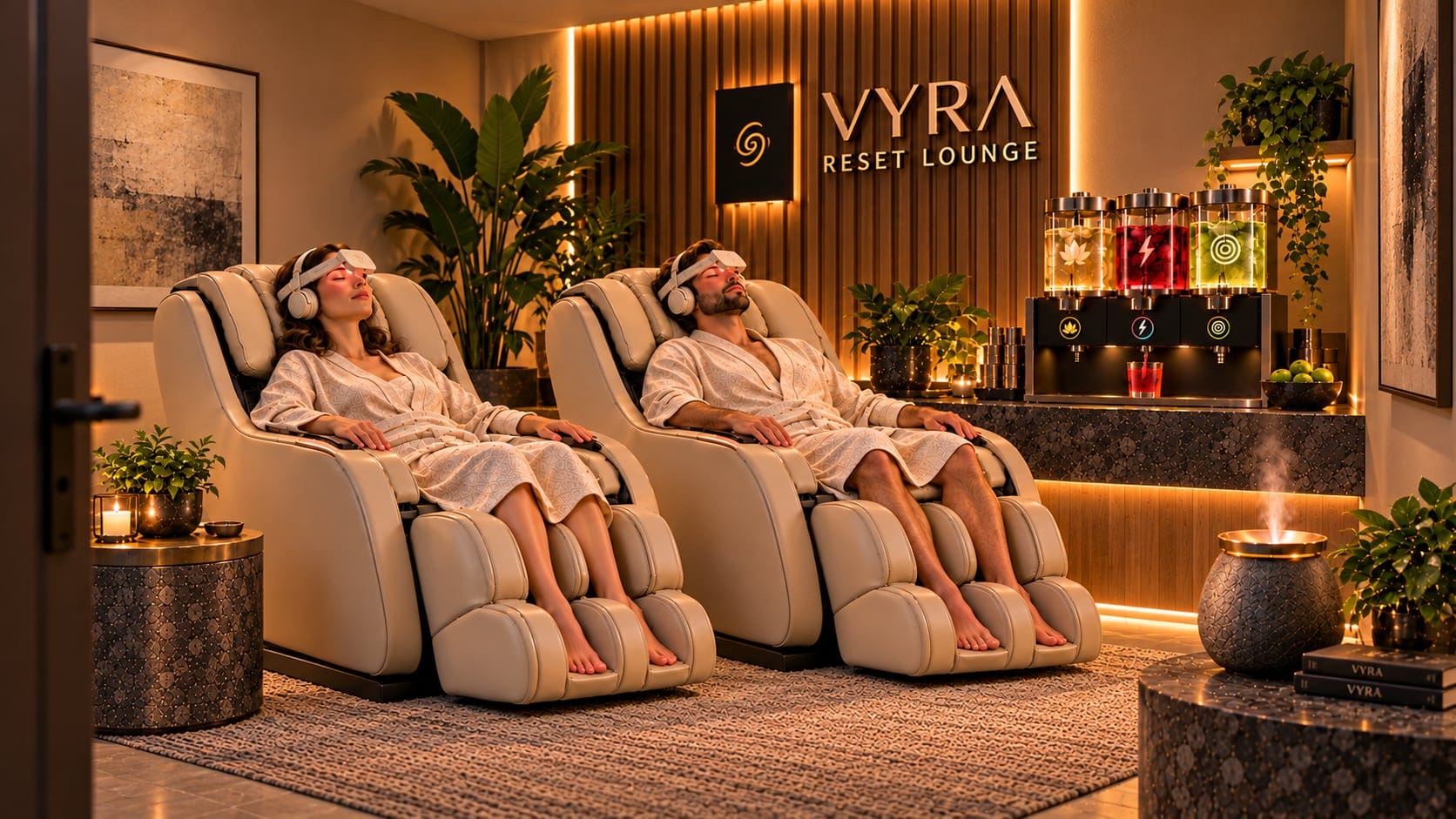 Visualisation: a woman and a man in bathrobes recline in massage chairs wearing neuroVIZR in a quiet hotel room