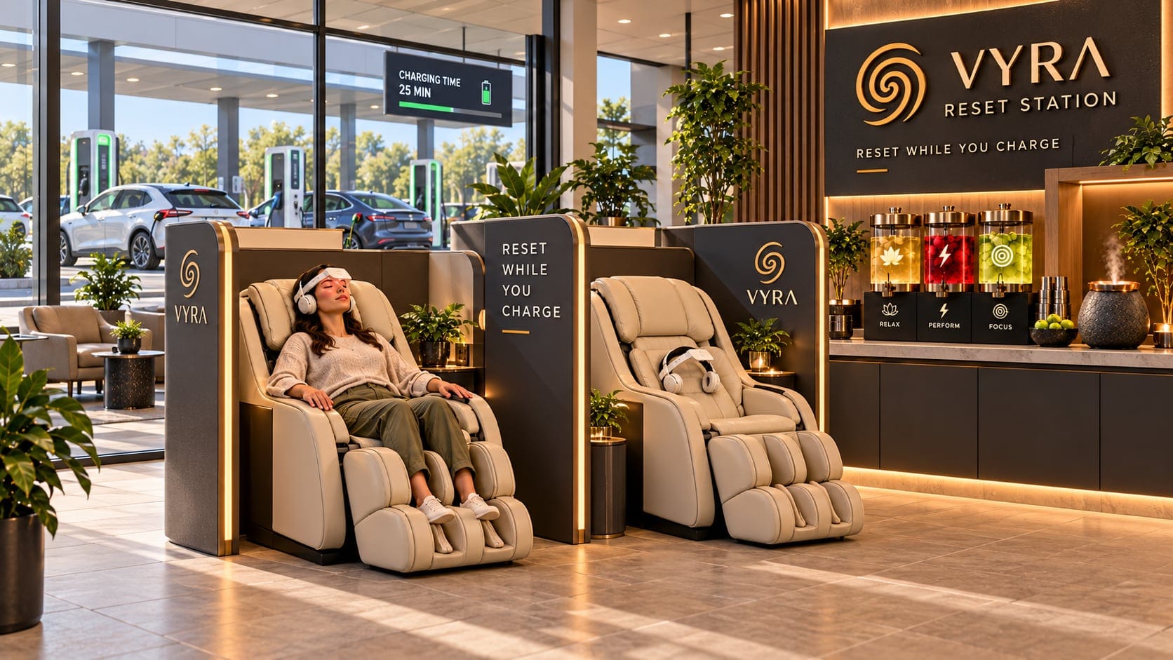Visualisation: a woman reclines in a massage chair wearing neuroVIZR at an EV charging location, next to a sign reading “Reset while you charge”