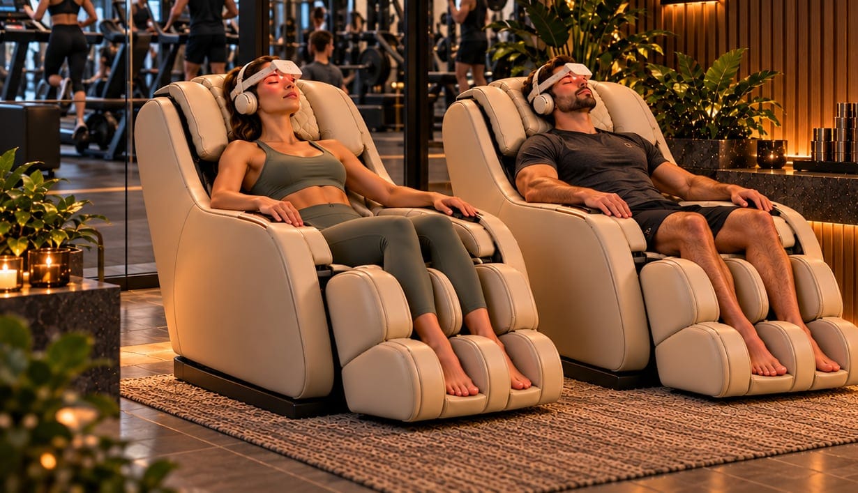 A woman and a man recline in light massage chairs wearing neuroVIZR and headphones in a warmly lit lounge, a gym behind the glass wall