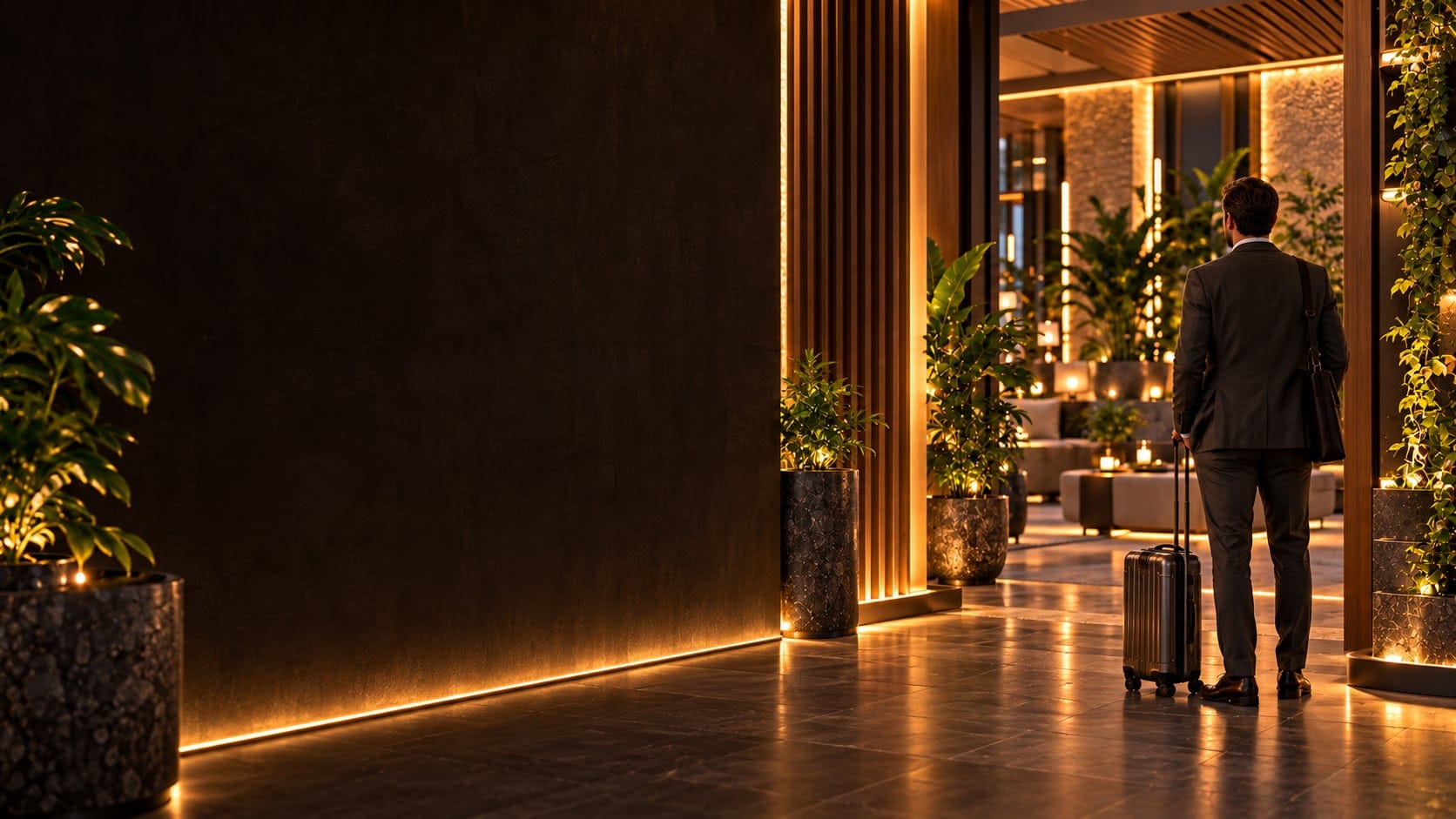 A traveller with a suitcase, seen from behind, standing in a warmly lit hotel lobby