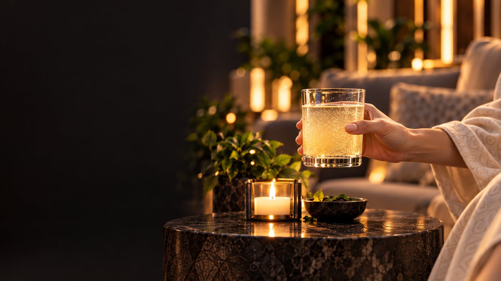 Visualisation: a hand in a bathrobe sleeve holds a glass of a sparkling drink above a stone table with a candle