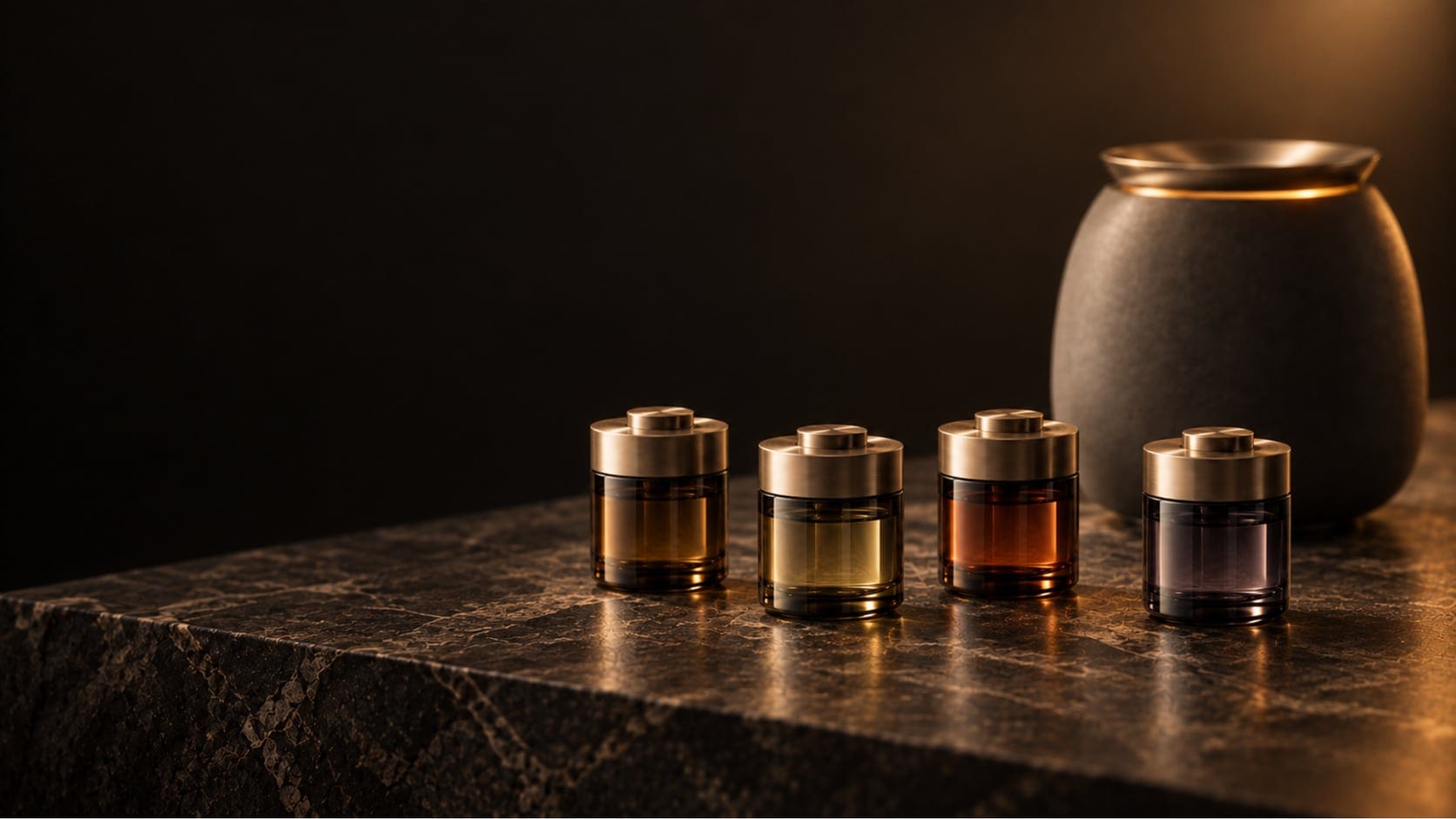 Visualisation: a dark VYRA SPACE scent vessel on a stone table, four small scent bottles in front of it