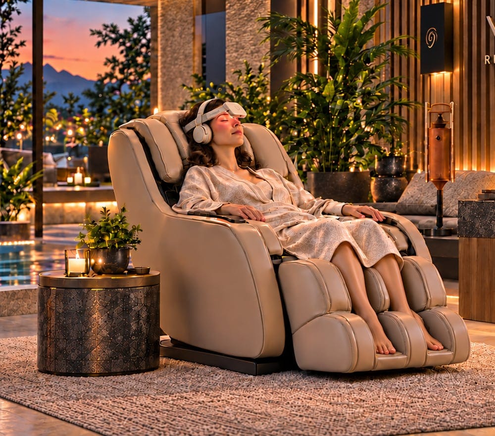 Visualisation: a woman in a bathrobe reclines in a light massage chair in the lounge, wearing neuroVIZR and headphones