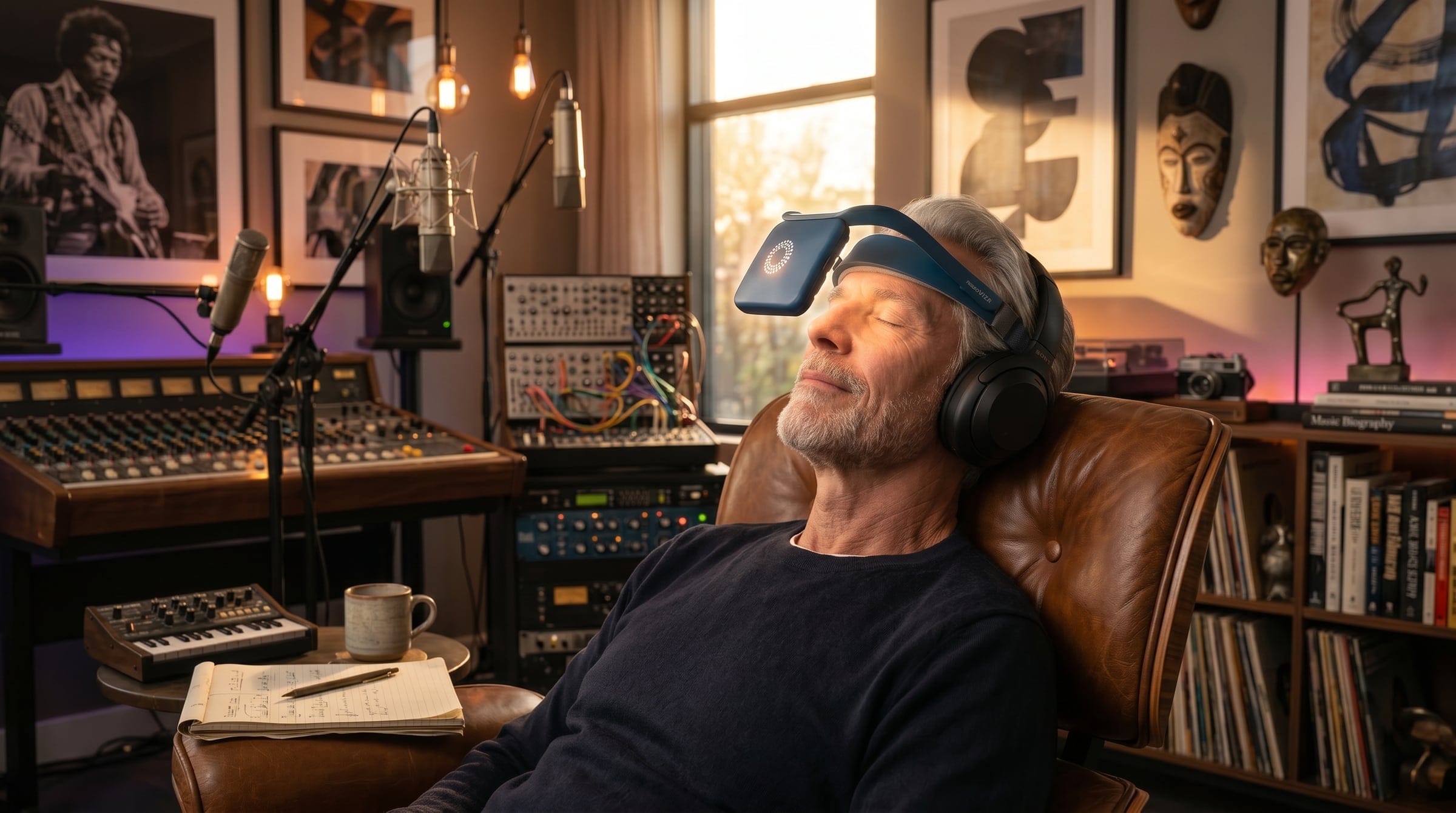 Mann mit neuroVIZR entspannt in einem Musikstudio