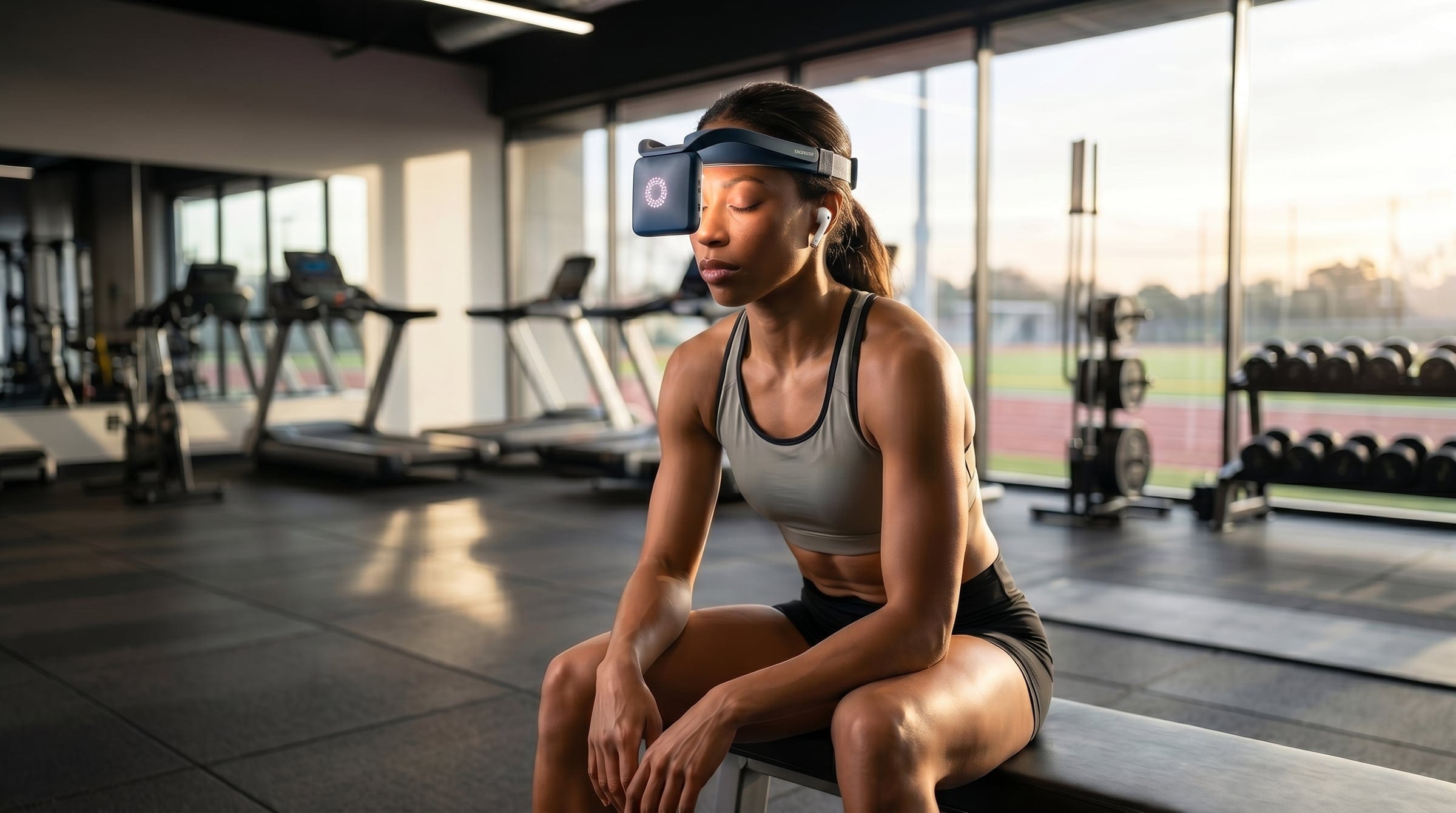 Sportlerin mit neuroVIZR sitzt vor dem Training auf einer Bank im Studio