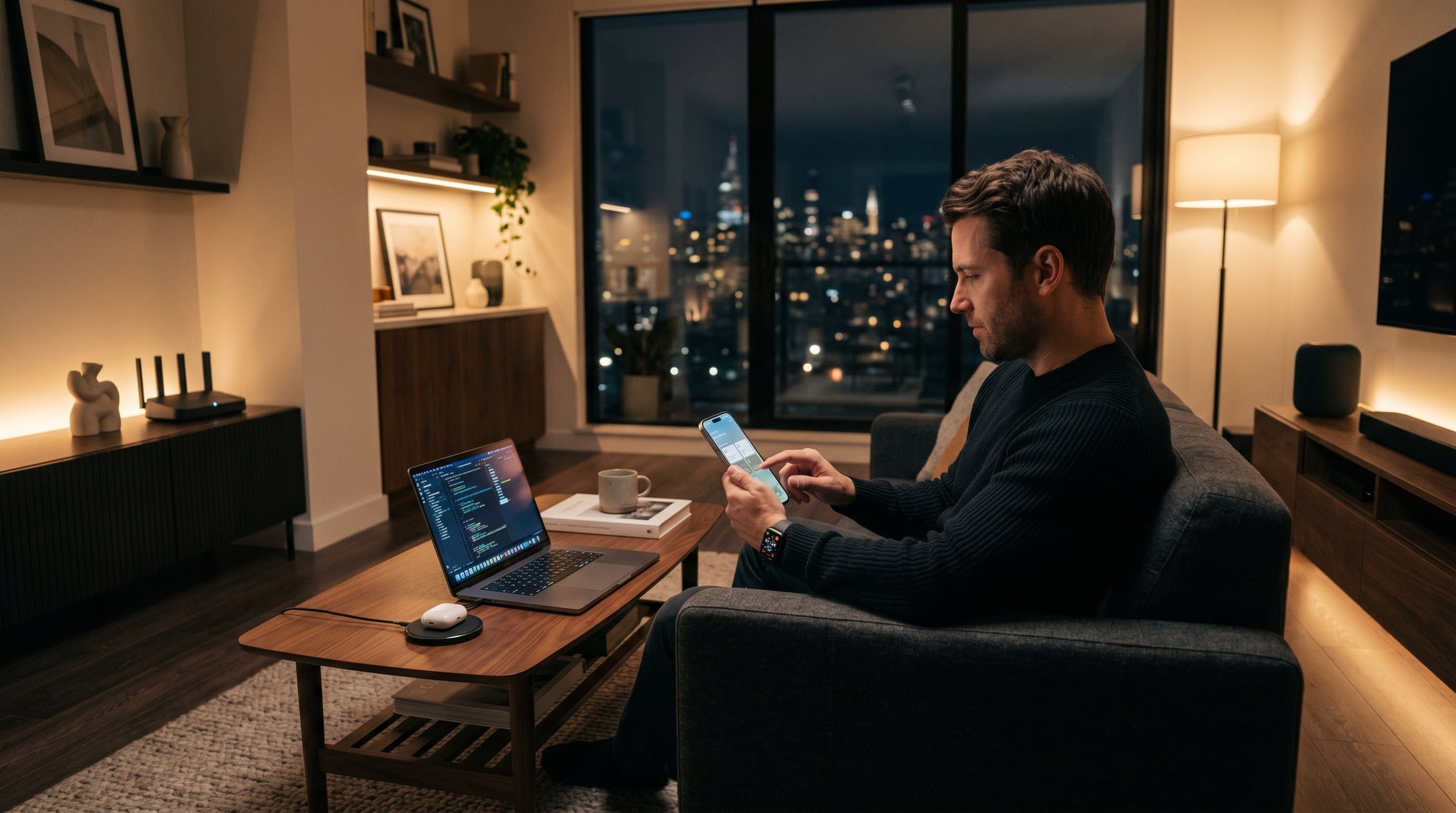 Visualisation: man on the sofa in the evening with a laptop and smartphone, a Wi-Fi router on the shelf behind him, city lights outside