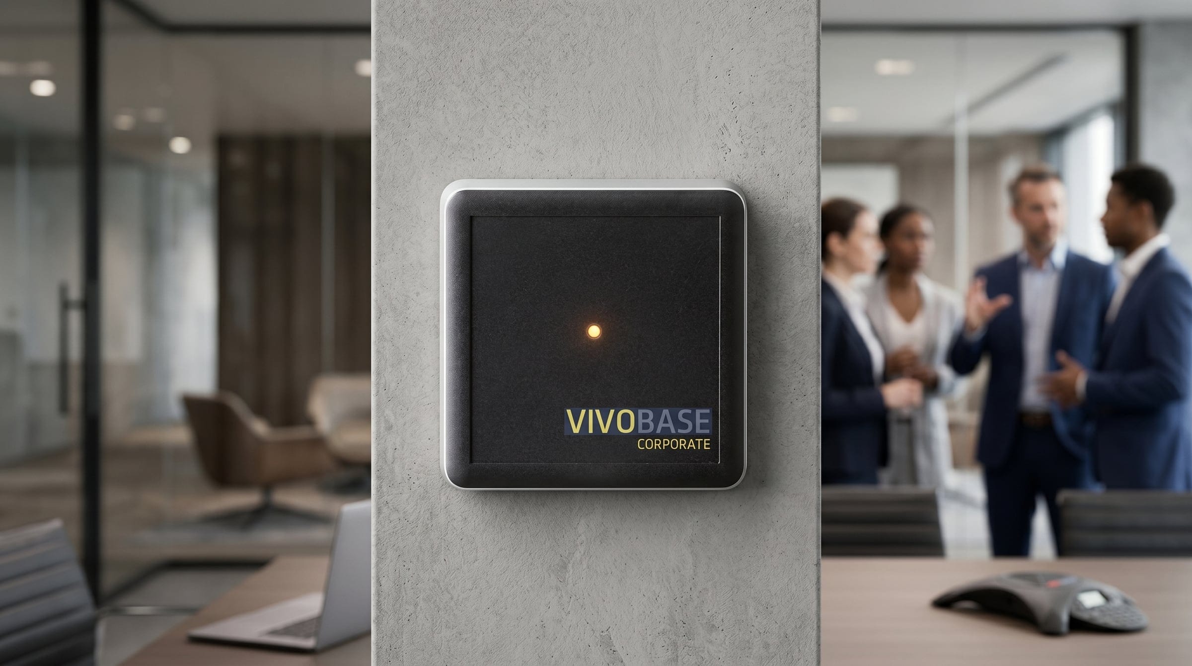 VIVOBASE CORPORATE on a concrete pillar in an office, a team in conversation behind it