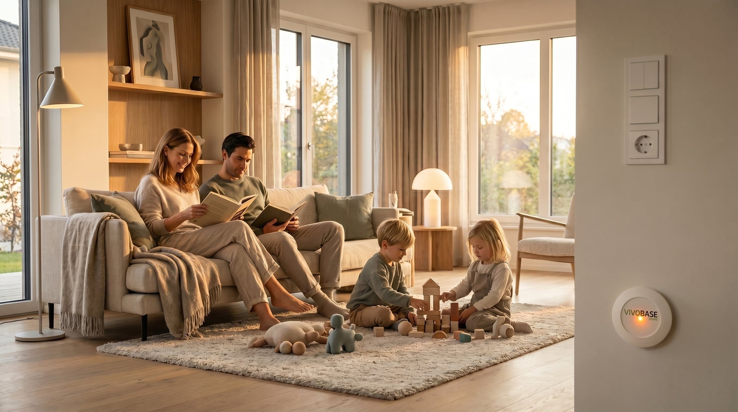 Children building with wooden blocks in the living room, parents reading on the sofa, a VIVOBASE HOME on the wall