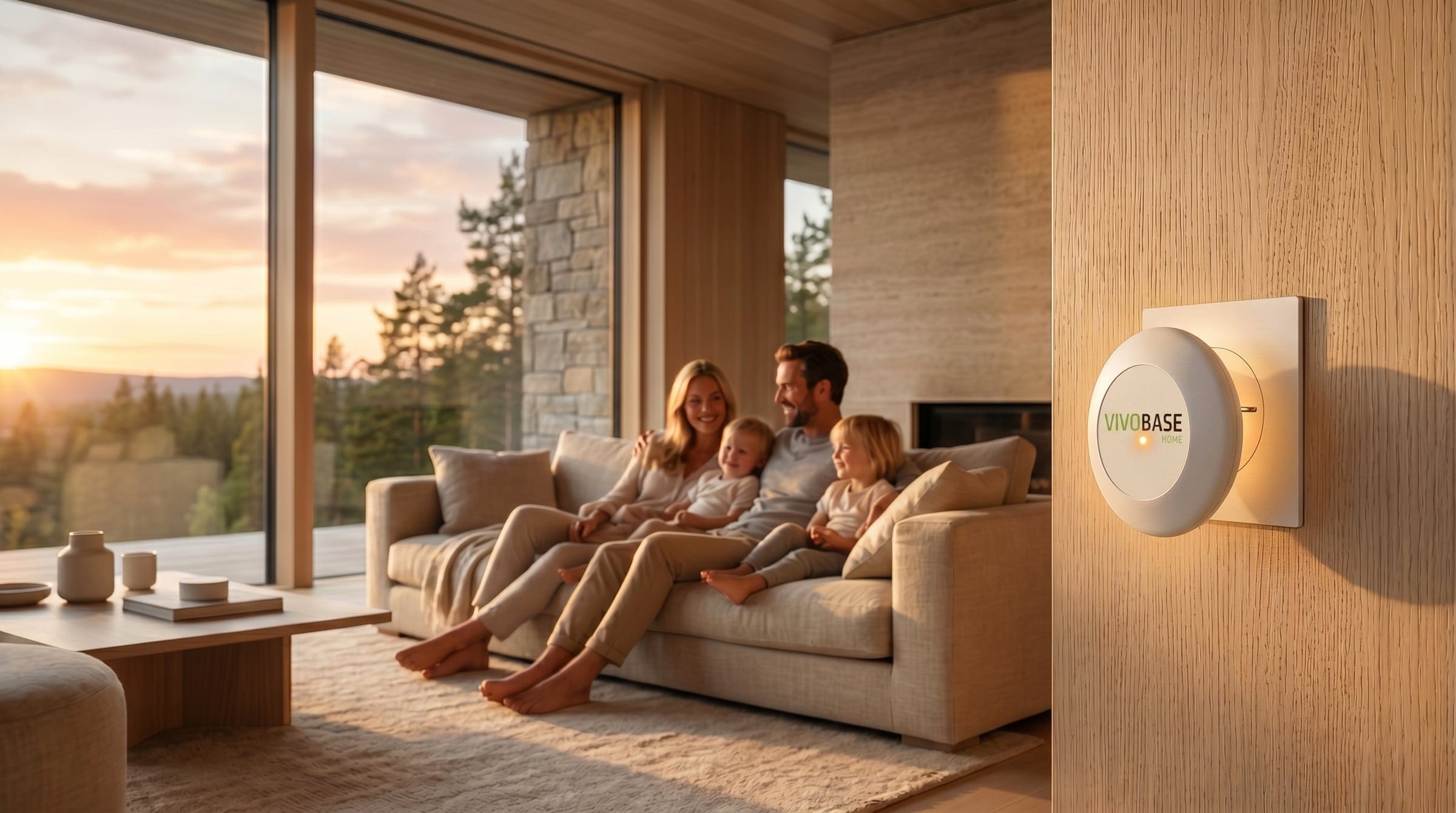 Family on the sofa in a bright living room at sunset, a VIVOBASE HOME with a glowing indicator on the wooden wall to the right