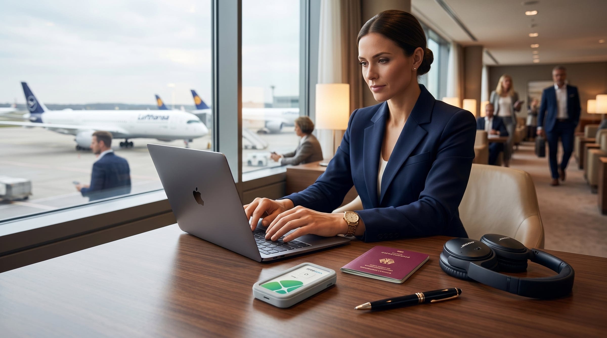 Woman working on a laptop in an airport lounge, a VIVOBASE MOVE, passport and headphones in front of her