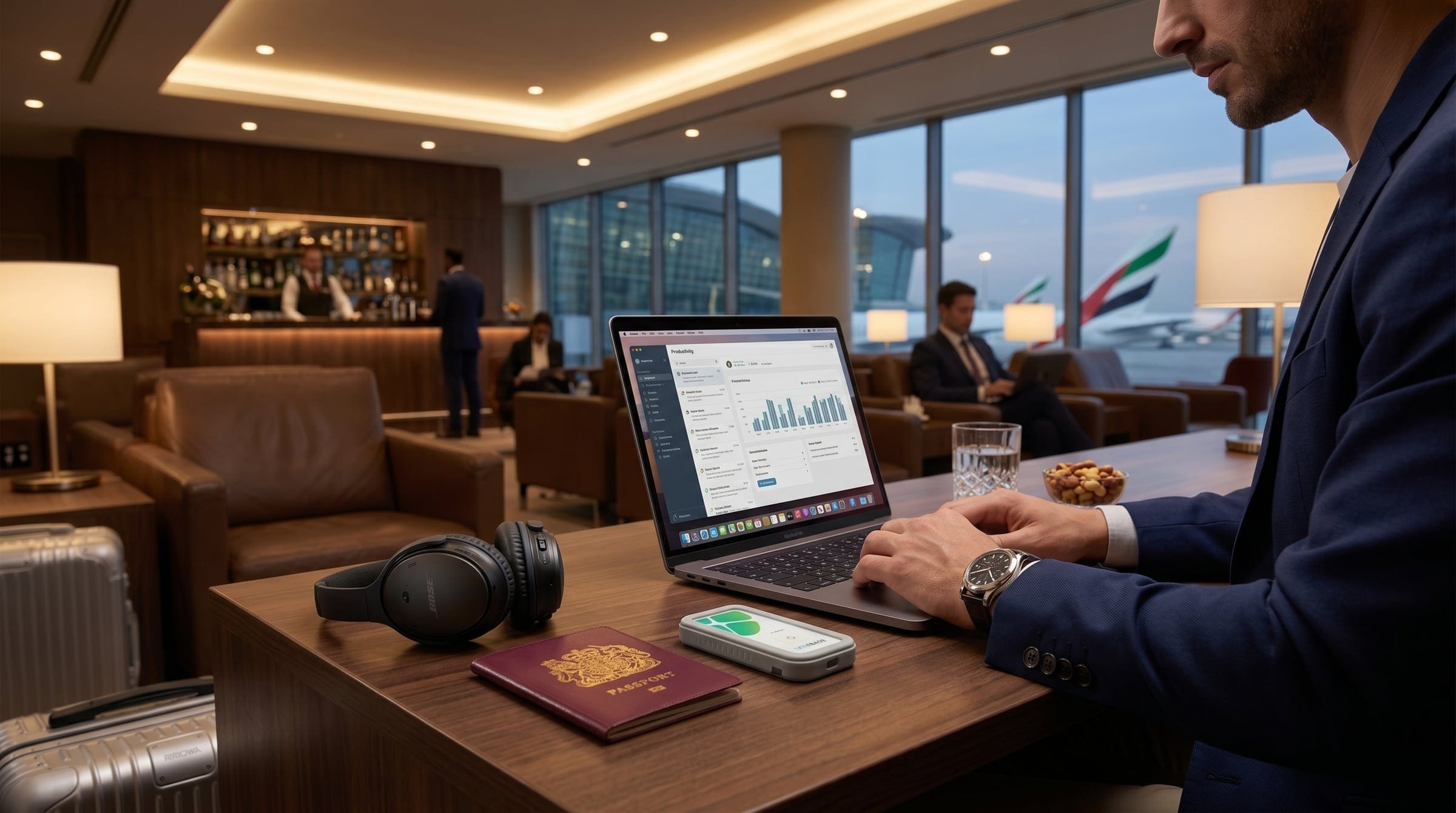 Mann arbeitet am Laptop in einer Flughafen-Lounge, neben ihm auf dem Tisch ein VIVOBASE MOVE