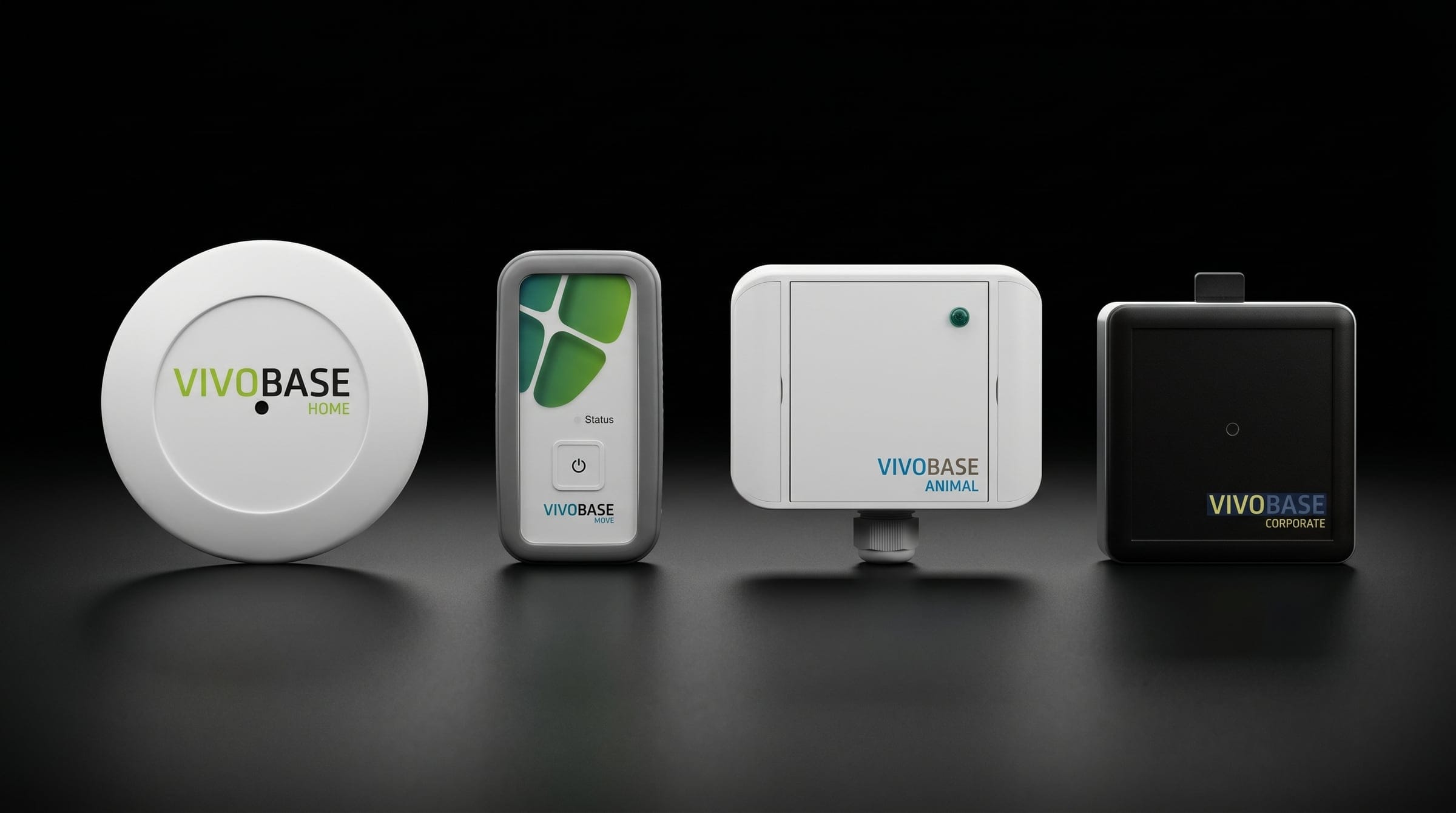 Die vier VIVOBASE Modelle HOME, MOVE, ANIMAL und CORPORATE nebeneinander auf dunklem Grund