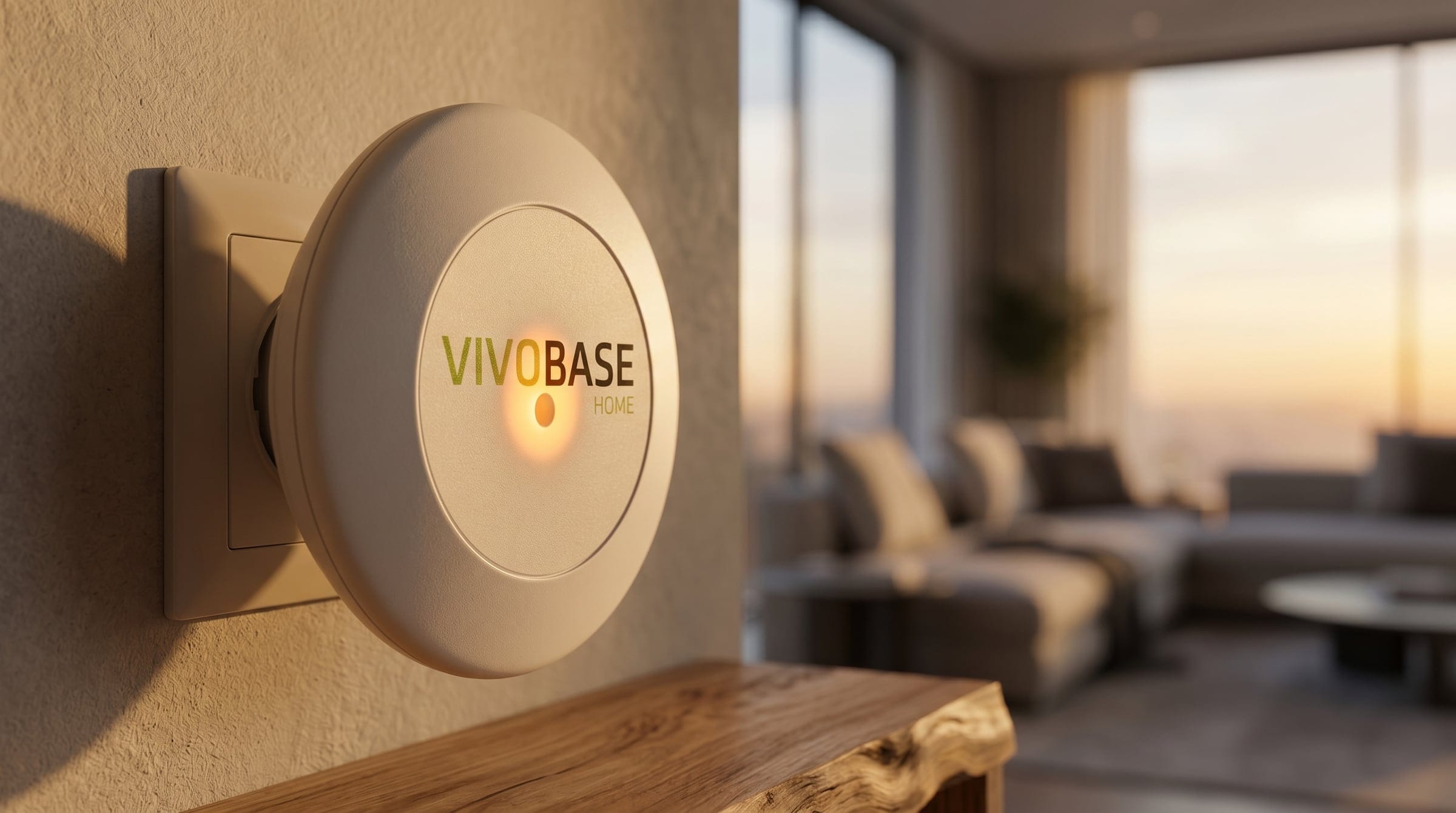 VIVOBASE HOME in einer Steckdose an der Wand, dahinter ein Wohnraum im warmen Abendlicht